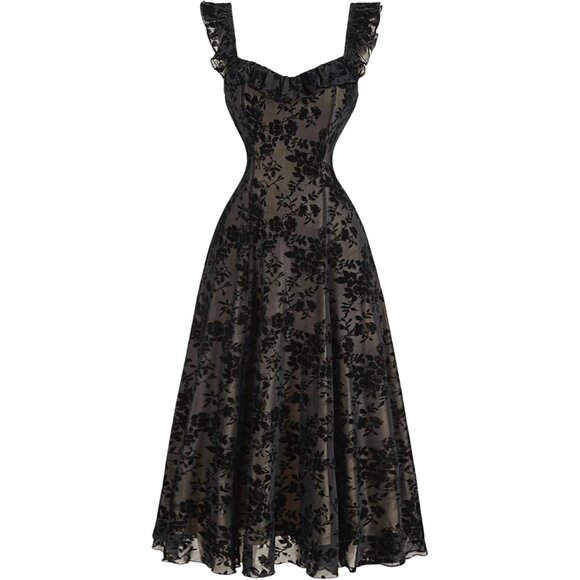 Dresses & Skirts - Women's Floral Mesh A Line Sleeveless Long Dress Ruffle Hem Elegant Casual